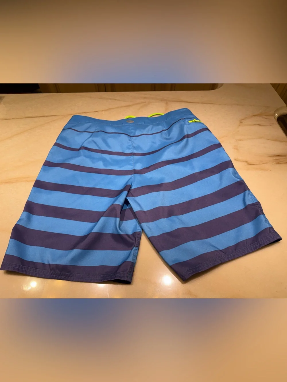 Vineyard Vines Blue and Navy Striped Swim Trunks with Lime Drawstring